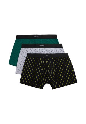 Tres bóxer para hombre apilados: uno negro con piñas amarillas, otro gris claro con palmeras negras, y otro verde oscuro con estampados de gafas de sol negras.