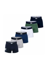 Ensemble de six boxers pour hommes en marine, gris, blanc et vert, avec une ceinture logo et une coupe ajustée. Matière coton, texture lisse.