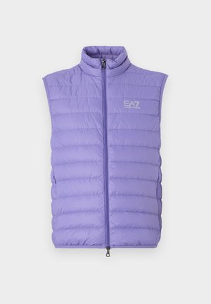 Jasnofioletowa kamizelka puchowa z wysokim kołnierzem, zapięciem na zamek i wzorem przeszycia. Posiada logo EA7 na piersi oraz boczne kieszenie.