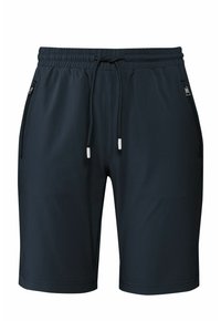 Marineblauwe shorts gemaakt van lichtgewicht stof met een elastische tailleband, verstelbare trekkoord en ritszakken aan de zijkant.