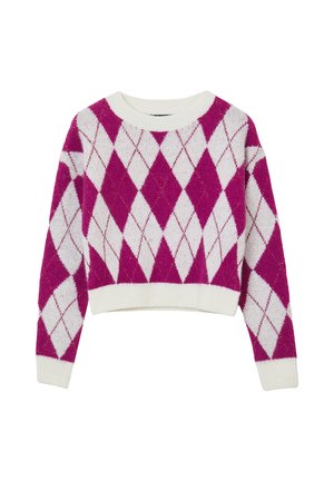 Pull court à manches longues avec un motif losange argyle violet et blanc, et un col et des poignets côtelés blancs.