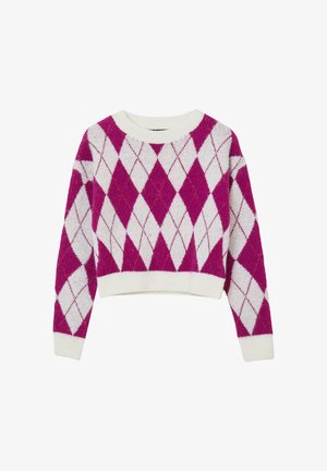 Gekürzter Pullover mit langen Ärmeln, der ein lila-weißes Rautenmuster und einen weißen gerippten Ausschnitt sowie Bündchen aufweist.