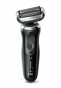 Elektrischer Rasierer mit flexiblem Folienkopf, schwarzem Kunststoffgehäuse, strukturiertem Griff, Einschalttaste und Anzeigen für Batterie und Wartung.