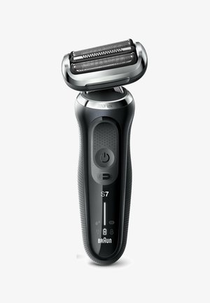 Elektrischer Rasierer mit flexiblem Folienkopf, schwarzem Kunststoffgehäuse, strukturiertem Griff, Einschalttaste und Anzeigen für Batterie und Wartung.