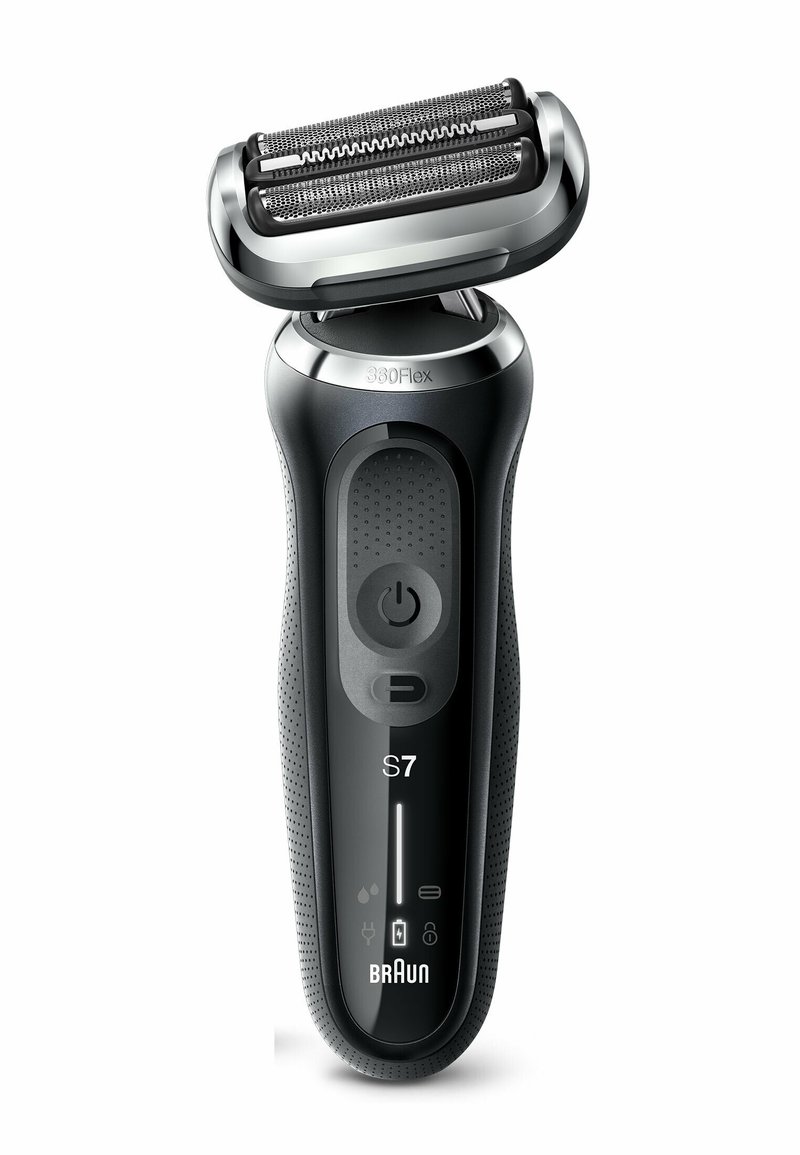 Elektrischer Rasierer mit flexiblem Folienkopf, schwarzem Kunststoffgehäuse, strukturiertem Griff, Einschalttaste und Anzeigen für Batterie und Wartung.