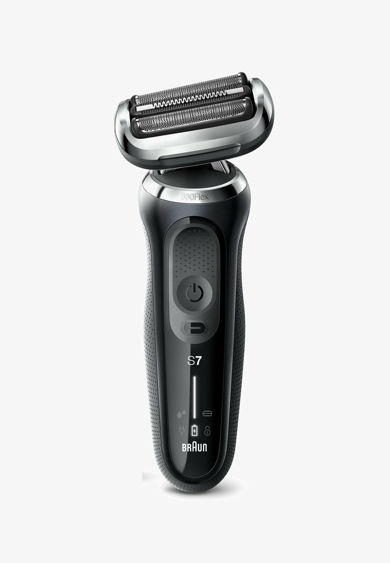 Elektrischer Rasierer mit flexiblem Folienkopf, schwarzem Kunststoffgehäuse, strukturiertem Griff, Einschalttaste und Anzeigen für Batterie und Wartung.