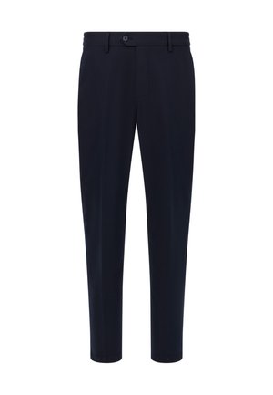 Pantalon bleu marine en tissu lisse, avec une taille plate, des passants de ceinture et une fermeture à un bouton. Coupe ajustée avec des jambes droites.