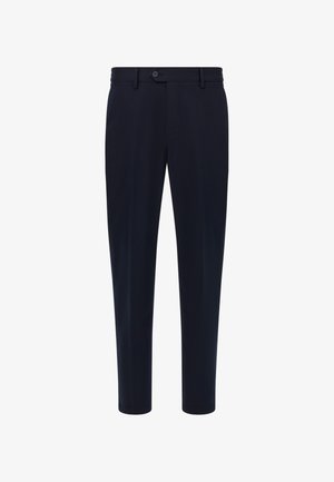 Morske modre hlače iz gladkega materiala, z ravnim sprednjim delom, zankami za pas in enem gumbom za zapiranje. Prilagojen kroj s pravimi nogavicami.