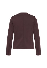 Veste blazer marron foncé cintrée à manches longues, vue de dos sur fond blanc.
