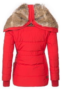 Red puffer jacket with a faux fur trimmed hood, quilted texture, cinched waist, and ribbed cuffs. Features a front zip closure.
