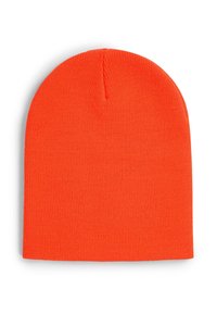 Berretto lavorato a maglia arancione con una vestibilità aderente. Presenta una texture morbida e una corona arrotondata, che termina con un leggero picco nella parte superiore. Nessun motivo o accento visibile.