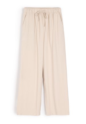 Beżowe spodnie o szerokich nogawkach, wykonane z miękkiego materiału; posiadają elastyczny pas ze sznurkiem oraz dwie boczne kieszenie.