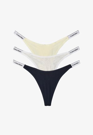 Trois strings pour femmes Calvin Klein en noir, blanc et jaune pâle avec des ceintures élastiques de marque.