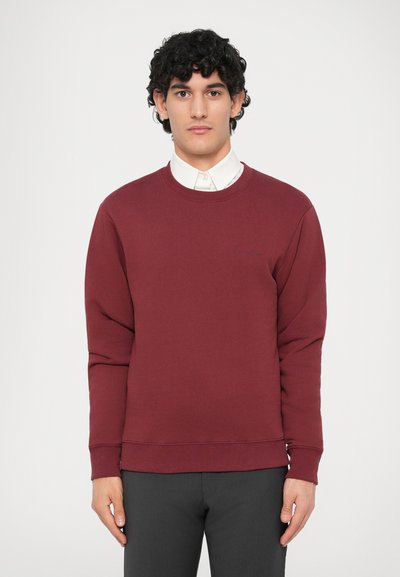 Ung mand med krøllet mørkt hår iført en bordeaux sweatshirt over en hvid skjorte med krave og mørkegrå bukser, der står imod en ensfarvet baggrund.