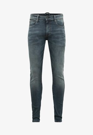 Jeans in denim grigio scuro slim fit con bottone frontale, cerniera e cinque tasche, mostrati su uno sfondo bianco.