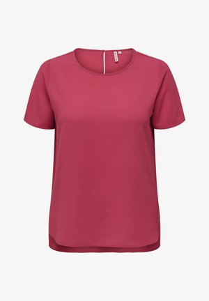 Korte mouwen, ronde hals top van textuurstof in frambooskleur. Voorzien van een sleutelgaatje aan de achterkant en een rechte zoom met zijsplitten.