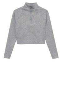 Pullover grigio crop realizzato in tessuto a costine. Presenta un colletto alto e una mezza zip. Maniche lunghe con vestibilità aderente e superficie testurizzata.