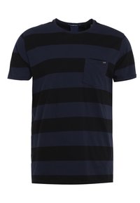 Herre t-shirt i navy og sorte vandrette striber, rund halsudskæring, korte ærmer, med en lille brystlomme. Blødt bomuldsstof.