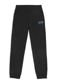 Zwarte joggingbroek van zachte stof, met een elastische tailleband en enkels. Inclusief blauw logo ontwerp op de linker bovenbeen.