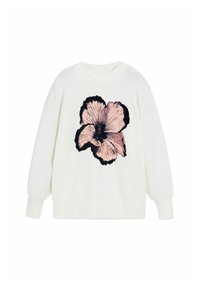 Pulover alb tricotat cu un design mare al unei flori de hibiscus roz, cu contururi negre în centru și un decolteu rotund.