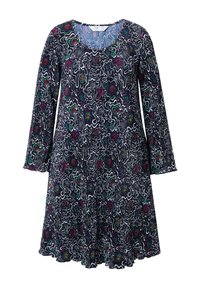Schwarzes Kleid mit langen Ärmeln, das mehrfarbige abstrakte Muster und eine plissierte Textur aufweist. Rundhalsausschnitt, ausgestellter Saum und leichtes Material.