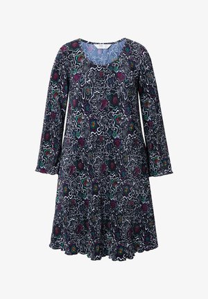 Vestido negro de manga larga, con patrones abstractos multicolores y textura plisada. Cuello redondo, dobladillo acampanado y tela ligera.