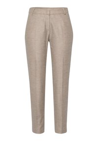 Pantalons beiges ajustés avec une coupe slim, plis avant, passants de ceinture et fermeture avant dissimulée.