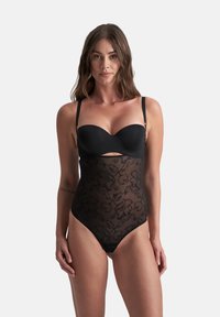 Body nero con coppa liscia e imbottita e una texture in pizzo floreale trasparente sul corpo. Spalline regolabili e design con gamba alta.