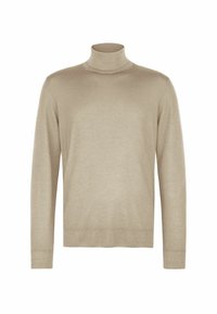 Beżowy sweter z golfem. Miękki materiał, dopasowany krój, długie rękawy, ściągacze przy mankietach i dolnym brzegu, gładka tekstura, minimalistyczny styl.