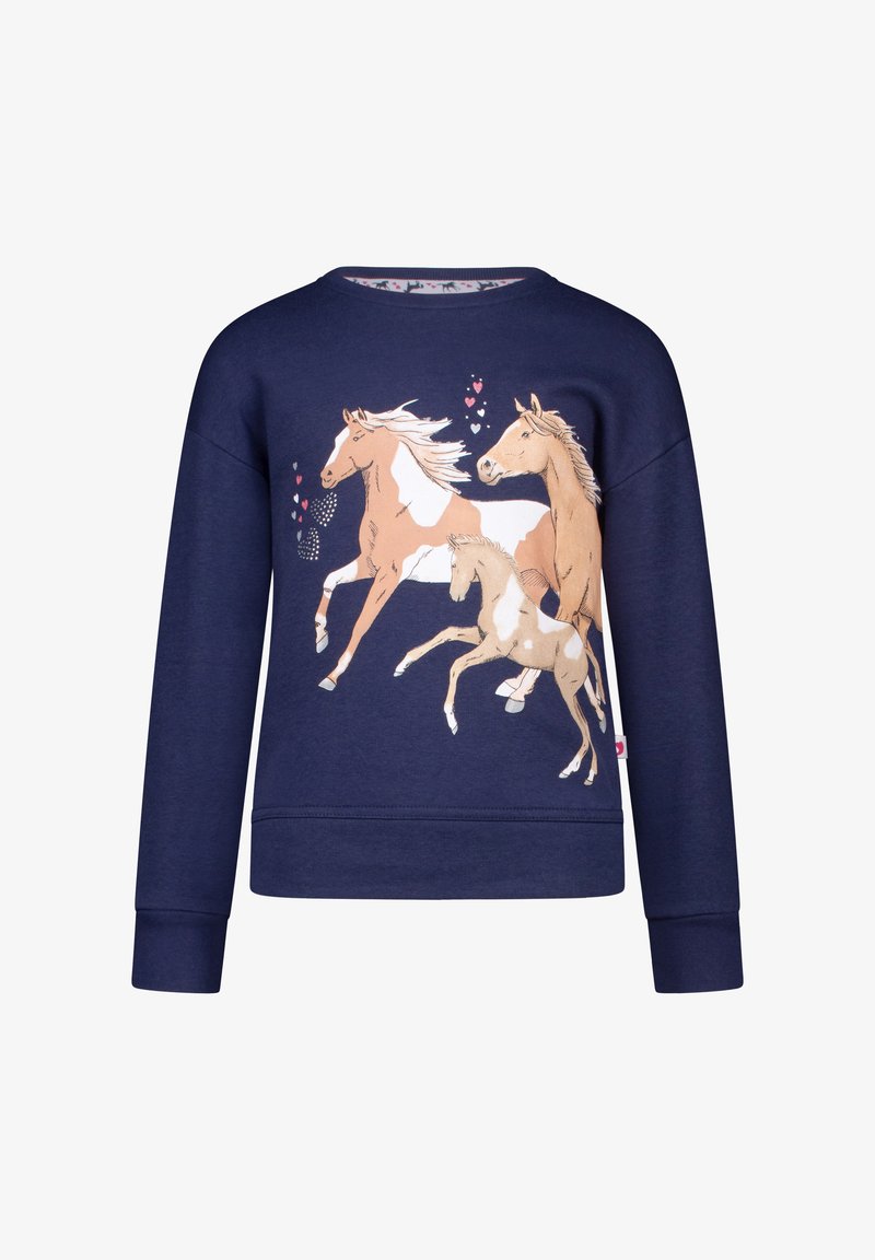 Marineblaue Sweatshirt aus weichem Stoff mit einem grafischen Motiv von drei laufenden Pferden in hellbraun und Creme, das Herzen im Design enthält.