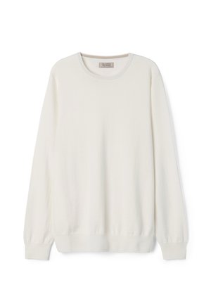 Hvid langærmet sweatshirt med rund hals, lavet af blødt stof. Har ribbet manchetter og kant, med en diskret tekstur. Ingen synlige mønstre.