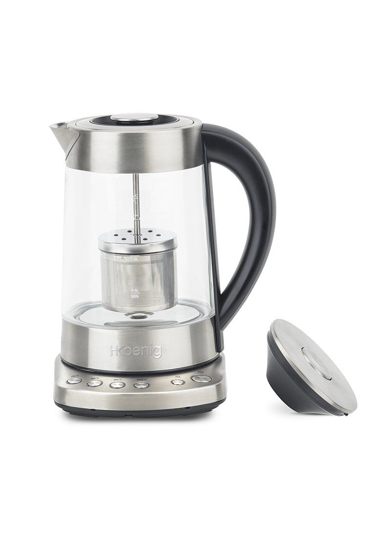 Elektrischer Wasserkocher mit einem Edelstahlboden, einem Glasgehäuse, einem schwarzen Griff und einem Teesieb, ausgestattet mit einem runden Deckel und Temperaturregelungstasten.