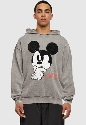 Gray hoodie featuring a large black and white Mickey Mouse graphic with a red signature. Soft texture with a relaxed fit and hood.