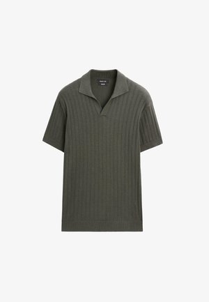 Kurzärmeliges, geripptes Poloshirt in Olivgrün mit V-förmigem Ausschnitt und geradem Saum.