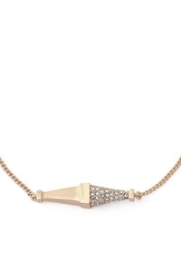 Collier en or rose avec un pendentif pointu en forme de cône. Le pendentif présente une section incrustée de cristaux clairs et une surface lisse et brillante.
