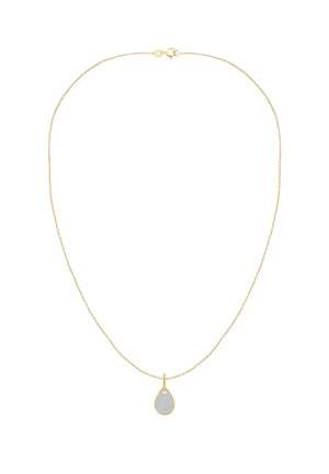 Delicado collar de cadena de oro con un pequeño colgante en forma de lágrima incrustado con diminutos diamantes o cristales.