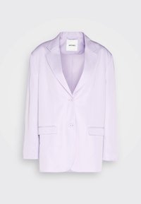 Fialový blazer vyrobený z hladkého materiálu, s jedním knoflíkem na zapínání, dvěma předními kapsami a designem s vroubkovaným klopem.