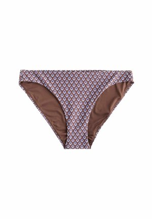 Bas de bikini marron avec un motif répétitif de losanges blancs et une doublure intérieure marron unie, présenté à plat sur fond blanc.