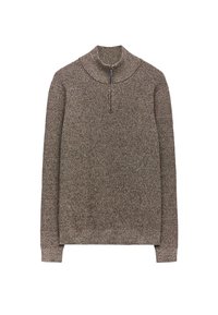 Brązowy, długi sweter z długim rękawem i połową zamka błyskawicznego oraz wysokim kołnierzem. Tkany materiał o teksturze z delikatnym wzorem i ściągaczami przy mankietach.