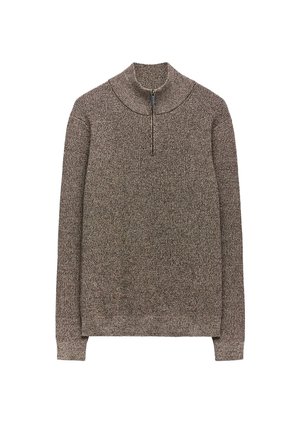 Bruine, langmouw pullover trui met een halve rits en hoge kraag. Textuurgebreide stof met een subtiel patroon en geribde boorden.