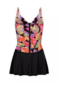 Strój kąpielowy z kolorowym wzorem liści w odcieniach różu, zieleni i niebieskiego na górze oraz jednolitym, czarnym spódnicowym dołem; ma cienkie ramiączka i falbaniasty dekolt.