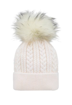 Beanie lavorato a maglia color crema con un risvolto spesso e un pom-pom in pelliccia sintetica bianca soffice sulla parte superiore, caratterizzato da un motivo a treccia in rilievo.