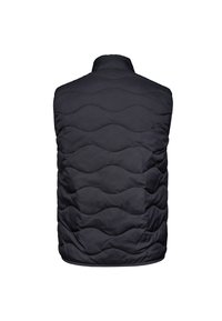 Gepolsterte schwarze Weste mit Wellenmuster, hohem Kragen und ohne Ärmel. Hergestellt aus einem glatten, leichten Stoff, ideal zum Layering.