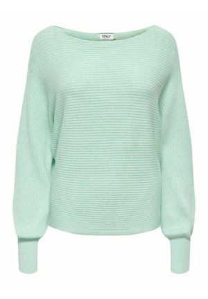 Šviesiai mėtinės spalvos megztinis su plačia apykakle, ribuota tekstūra ir ilgomis, šiek tiek pūstomis rankovėmis. Trumpas dizainas.