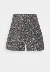 Black and multicolored tweed shorts with a textured finish, featuring an elastic waistband and a mid-thigh length design.