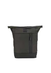 Zaino a rotolo in tessuto grigio scuro con una texture liscia. Presenta una tasca frontale con zip e una base nera a contrasto. Maniglie superiori rinforzate.