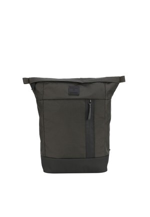 Roll-top backpack in dark gray fabric with a smooth texture. Features a front zip pocket and a contrasting black base. Reinforced top handles.