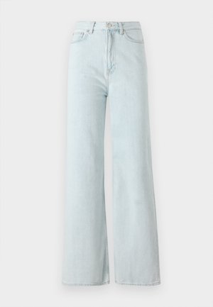 Jasnoniebieskie dżinsy o szerokich nogawkach i wysokim stanie, wykonane z materiału dżinsowego. Posiadają zapięcie na guzik i zamek oraz kieszenie z przodu.