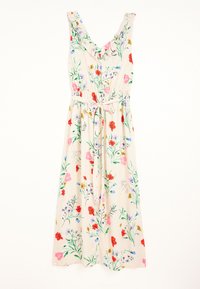 Sukienka midi w kwiatowy wzór, wykonana z lekkiego materiału, z dekoltem w serek, falbanianymi ramiączkami oraz paskiem do wiązania. Kolory obejmują kremowy, czerwony, różowy oraz zielone wzory.