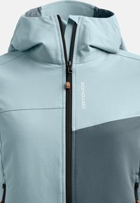 Hellblaues Kapuzenjacke mit Reißverschluss, ausgestattet mit einem dunkelgrauen Brustbereich, glattem Stoffgefühl und einem Logo auf der Vorderseite.